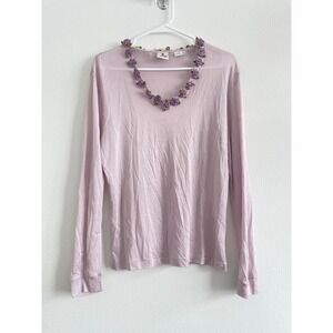 Mary Green Top Women XL 100% Silk Lilac Purple Long Sleeve Flower Trim Fairy